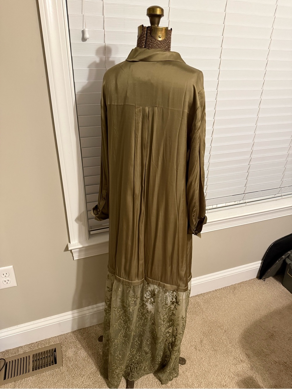 Anthropologie Olive Green Satin Shirt Maxi Dress with Lace Skirt - Picture 4 of 6